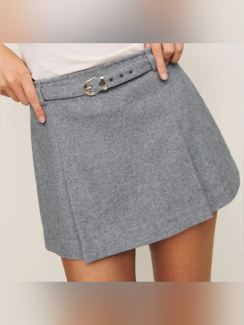 Reformation Rory Gray Herringbone Pleated Mini Skirt with Belt - 2